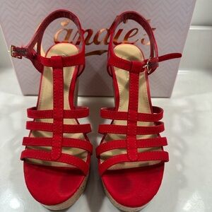 Candie’s red Calunar platform wedge t-strap strappy sandal